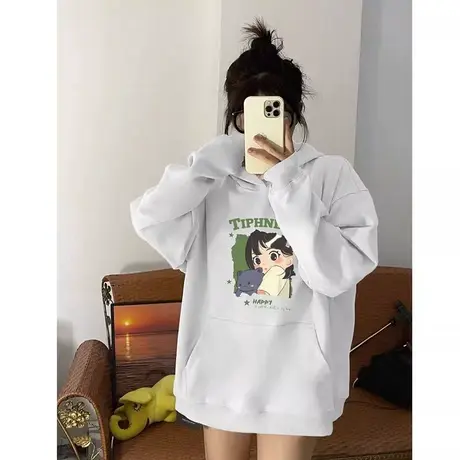 白色连帽卫衣女秋冬季2023新款爆款中长款下衣失踪长袖上衣外套潮商品大图