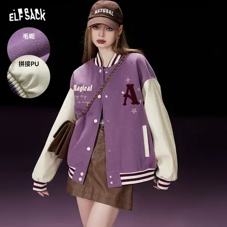 妖精的口袋拼接刺绣棒球服外套女2023冬季新款美式复古设计感上衣商品大图