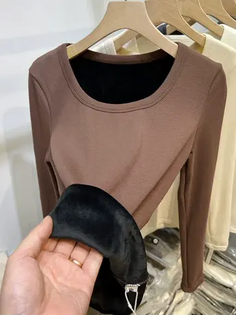 欧货加厚加绒低圆领长袖T恤女2023秋冬新款一体绒内搭打底衫上衣图片