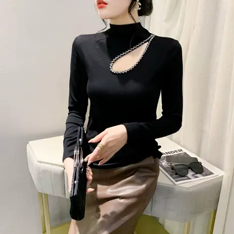 黑色加绒加厚T恤女长袖性感烫钻镂空半高领上衣洋气透气个性小衫商品大图