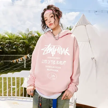 Nuthink美式潮牌重磅420g加绒连帽卫衣男潮宽松大码冬季保暖外套商品大图