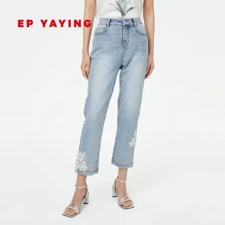 EP YAYING雅莹女装 蕾丝拼接浅色棉直筒牛仔裤 商场同款新款6612A图片