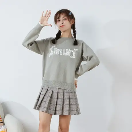 [商场同款]唐狮冬季毛衫女圆领拼蕾丝字母毛衣休闲百搭内衬冬装图片