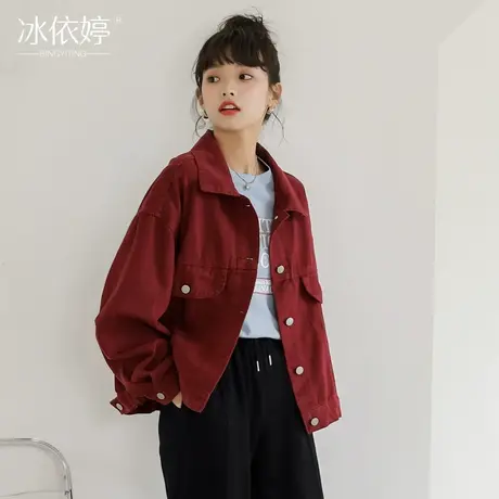 春秋港风复古红色牛仔外套女宽松韩版百搭ins潮短款夹克网红上衣图片