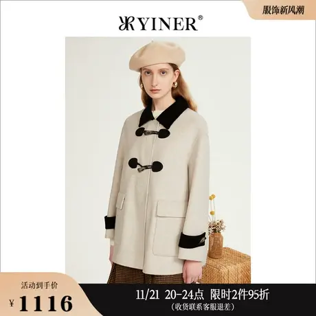 YINER音儿专选女装冬季撞色POLO领外套牛角扣羊毛双面呢大衣商品大图