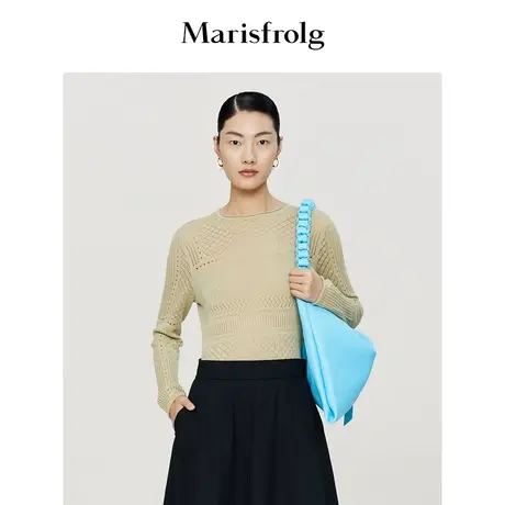 【轻密针织】玛丝菲尔时尚气质镂空轻薄修身显瘦沙绿色针织衫女图片