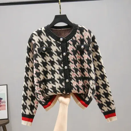 开衫女2023秋装新款通勤圆领针织衫女上衣百搭纽扣千鸟格外套毛衣商品大图