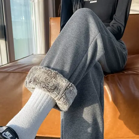 灰色羊羔绒运动裤女冬季新款高腰宽松加厚保暖休闲哈伦束脚卫裤子商品大图