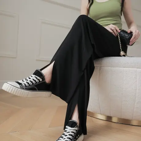 冰丝裤子女夏季薄款宽松直筒黑色仙仙休闲高腰垂感大码开叉阔腿裤商品大图