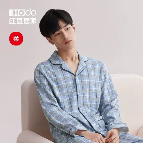 红豆居家纯棉男士睡衣春秋款全棉格子外穿休闲男款家居服套装薄款商品大图