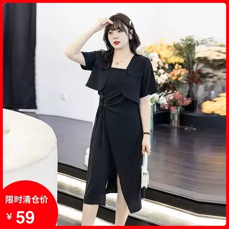 2023年夏季新款短款西装小外套显瘦大码胖mm两件套黑色吊带连衣裙商品大图