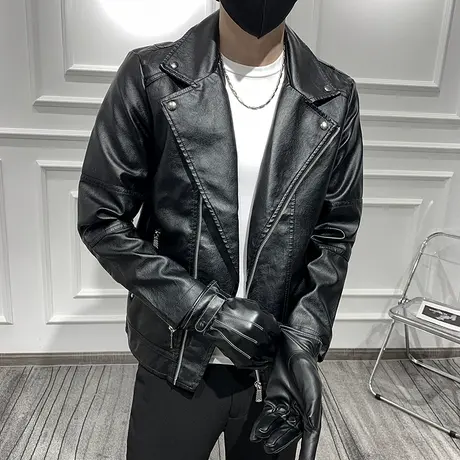2023秋冬男士皮衣皮夹克修身翻领帅气网红潮牌快手机车服ins外套图片