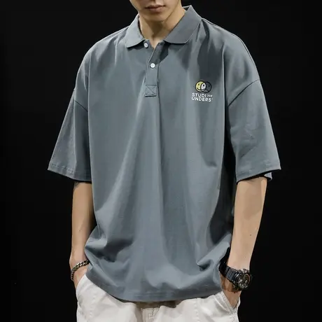 polo衫男t恤短袖潮牌男装宽松胖子加肥加大码男士翻领落肩半袖潮商品大图