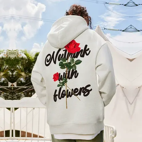 Nuthink美式oversize加绒加厚玫瑰带帽卫衣潮牌男春秋款大码外套商品大图