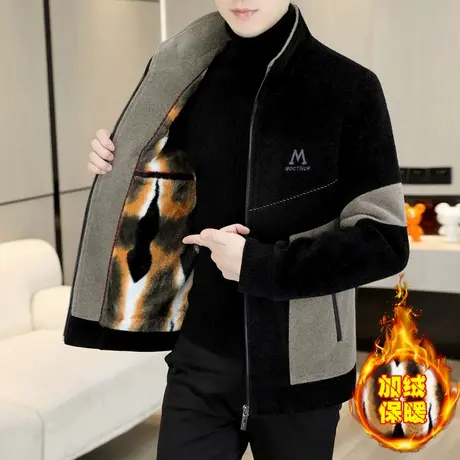 冬季金貂绒外套男士时尚毛呢短款大衣男装加绒加厚立领休闲夹克潮商品大图
