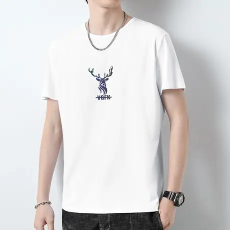 莫代尔短袖t恤男装白色上衣服夏季冰丝速干凉感体恤鹿头印花半袖商品大图