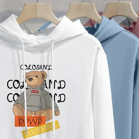 白色连帽卫衣男潮流小熊长袖带帽衫秋冬加绒加厚休闲外套宽松百搭商品大图