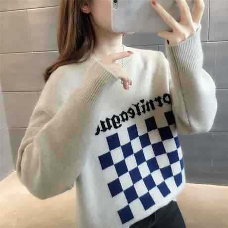2023秋冬新款圆领宽松显瘦格子女士长袖潮流毛衣百搭打底衫慵懒新图片