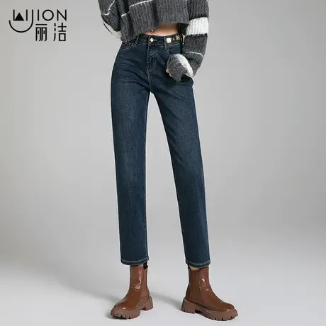 丽洁女裤加绒直筒牛仔裤女春冬季新款宽松弹力九分裤高腰烟管裤子商品大图