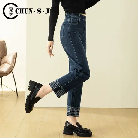 蓝灰色烟管裤翻边牛仔裤女直筒九分裤2023年新款春秋显瘦高腰女裤商品大图