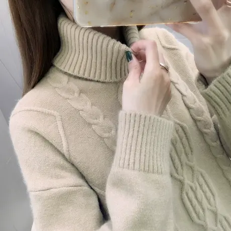高领套头毛衣女士宽松2025年秋冬复古麻花纯色加厚两翻领针织衫商品大图