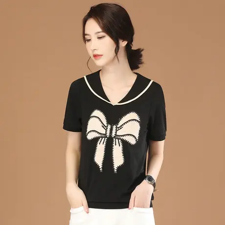 韩潮袭人V领蝴蝶结刺绣黑色短袖T恤女夏季新款正肩休闲体恤衫上衣图片