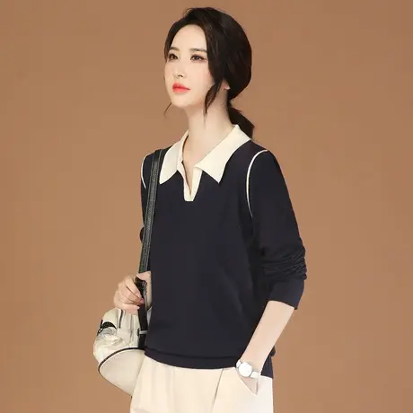 韩潮袭人POLO领长袖撞色针织衫女2023秋季新款宽松休闲毛衣上衣图片
