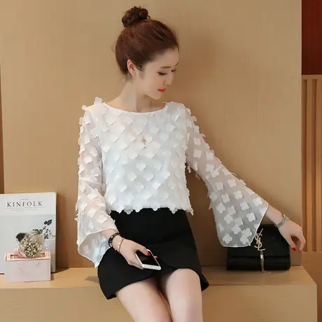 【换购10】雪纺衫女长袖新款春秋韩版洋气超仙立体花朵上衣图片