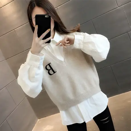 2023春季新款宽松字母刺绣V领套头针织马甲女宽松毛衣背心女外搭图片