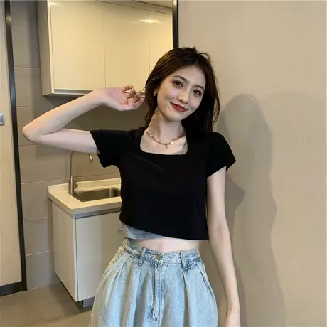 2023新款春夏欧货别致小衫爆款甜辣妹短款纯欲上衣女装短袖t恤ins图片