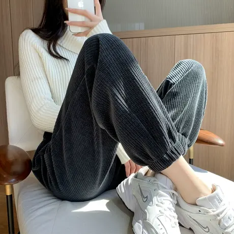雪尼尔灯芯绒裤子女2023新款加厚加绒束脚运动裤女休闲哈伦裤卫裤商品大图