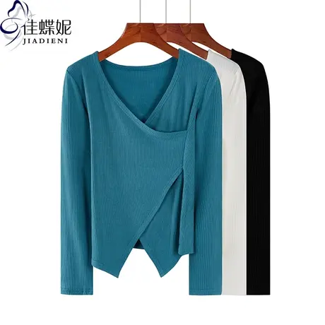 春秋新款韩版V领不规则修身纯色薄磨毛长袖体恤上衣内搭女打底衫商品大图