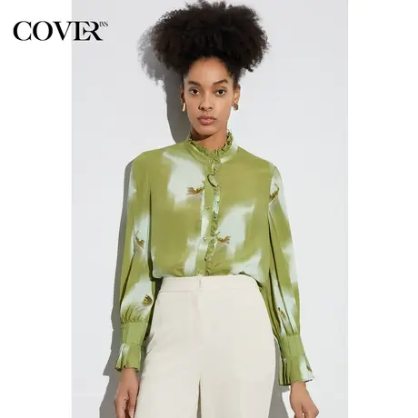 COVER春季真丝印花百褶压褶衬衫图片