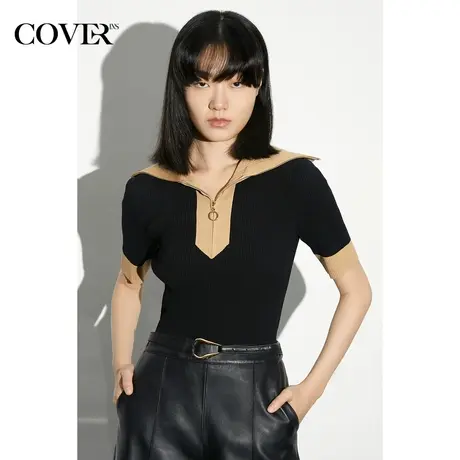 COVER夏季撞色翻领曲珠纱弹力针织衫商品大图