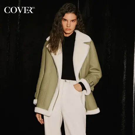 COVER冬季撞色仿皮草皮毛一体外套图片