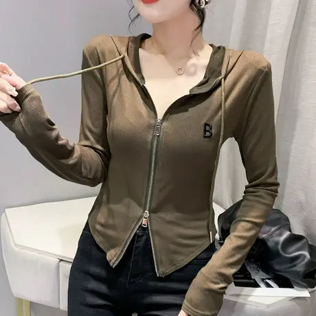 双拉链连帽卫衣女春秋新款个性设计感开叉长袖上衣洋气收腰打底衫图片