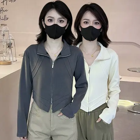 高领拉链卫衣外套女秋冬2023韩版百搭显瘦时尚设计感洋气简约上衣商品大图