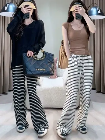 2023春秋新款直筒阔腿裤宽松休闲裤女抽绳高腰肌理感细条纹毛巾裤商品大图