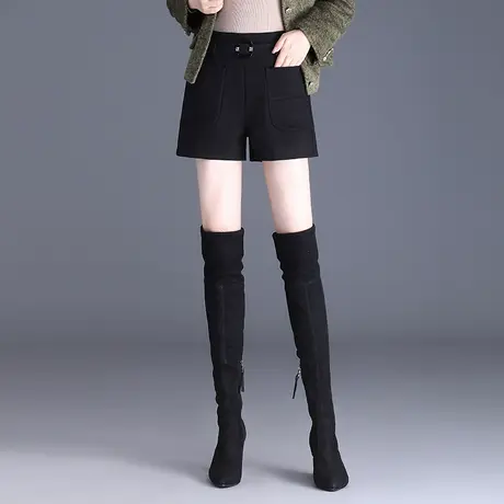 黑色呢子短裤阔腿裤女秋冬2023新款高腰口袋靴裤百搭显瘦休闲裤厚图片