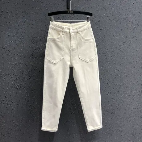 2023秋季新款米白色个性口袋宽松显瘦牛仔九分哈伦裤女高腰萝卜裤图片