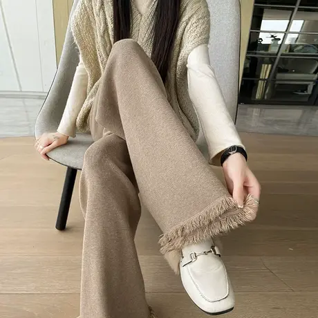 针织阔腿裤女秋冬新款松紧腰垂感直筒设计感双层流苏拖地休闲裤子图片