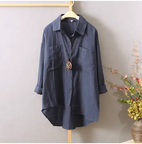 文艺范棉麻衬衫女长袖不规则前短后长亚麻棉料上衣宽松春秋衬衣女商品大图