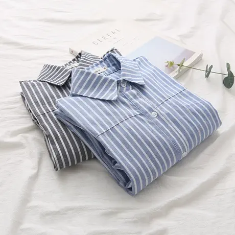 2020春秋新款韩版中长款衬衫女休闲百搭蓝白条纹宽松显瘦长袖衬衣图片