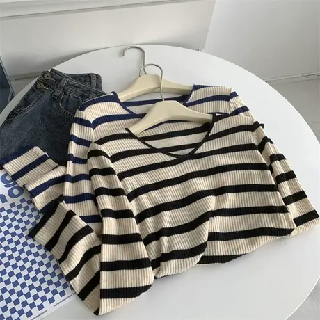 肌理感条纹V领长袖针织衫女气质单穿微透打底衫韩版秋季上衣女商品大图