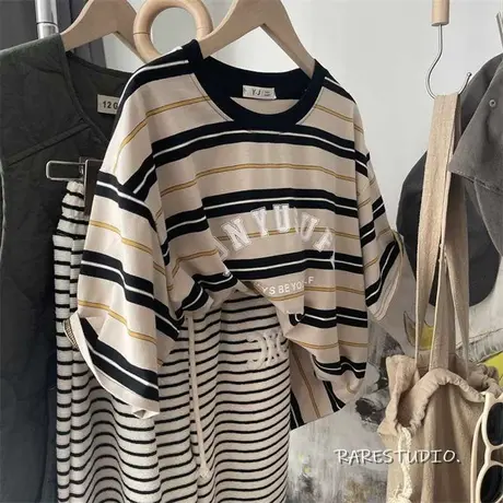 字母印花复古条纹学院风百搭宽松简约文艺休闲短袖棉T恤圆领上衣商品大图