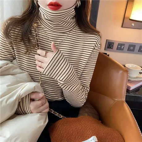 条纹加绒加厚内搭打底衫女双面德绒秋冬装修身长袖T恤堆堆领上衣商品大图