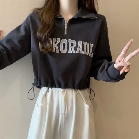 抽绳下摆半拉链POLO领卫衣女早秋季薄款宽松设计感小众短款上衣潮商品大图