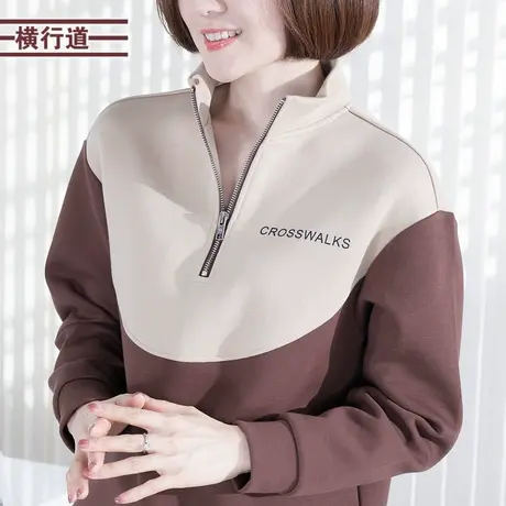 印花字母半高领拉链半开领卫衣女装拼接长袖宽松上衣2024新款春季商品大图