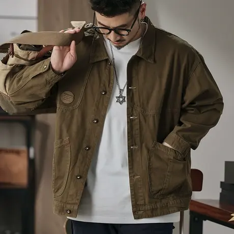 时尚外套碳磨雪花绒男士复古外套斜纹高配精梳棉布休闲夹克外套图片