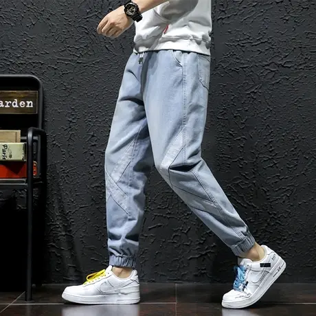 弹力休闲牛仔裤男秋冬加绒加厚宽松大码松紧腰束脚哈伦裤子男冬季商品大图